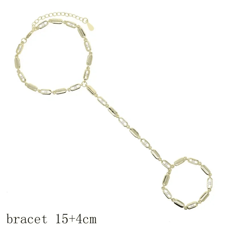 Gold Color Women Fashion Jewelry Set Geometric CZ Rectangle Charm Link Hand Chain Bracelet Choker Y Lariat Necklace