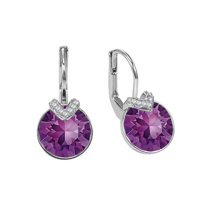 Bella V Drop Earring for Women Christmas Birthday Genuine Crystals from Austria Round Cut Dangle Silver Color Pierced Jewelry