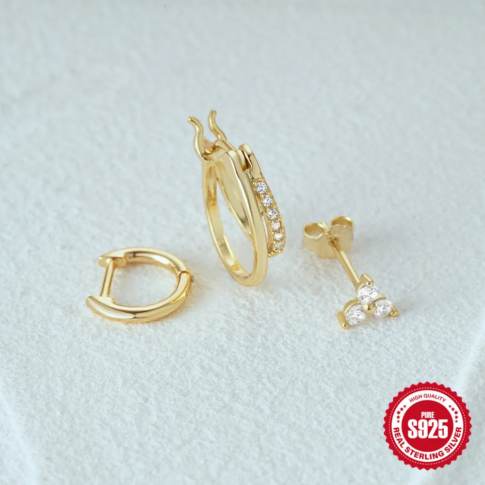 CANNER 925 Sterling Silver 3PCS Zircon Double Layer Hoop Earrings For Women Minimalism Ins Earrings Fine Jewelry Party Gift