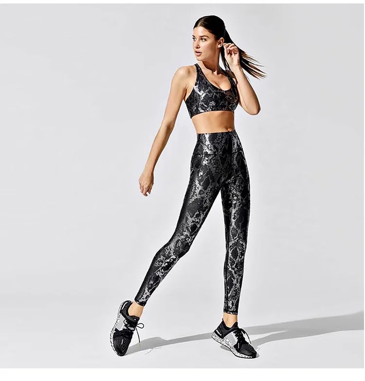 Women's Retro Metallic Snake Gym Leggings Blue Silver Shiny Legging Fitness Bottom