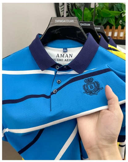 Fashion striped short sleeve men polo shirt summer trend brand letter embroidery design business casual breathable Paul T-shirt