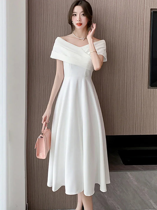 White Dresses for Women Classy Summer Short Sleeve V-Neck Blackless