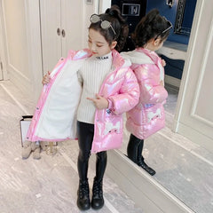 Girls Long Down Jacket Cute Bear Coats For Girls Parkas Fashion Bright Hooded Children