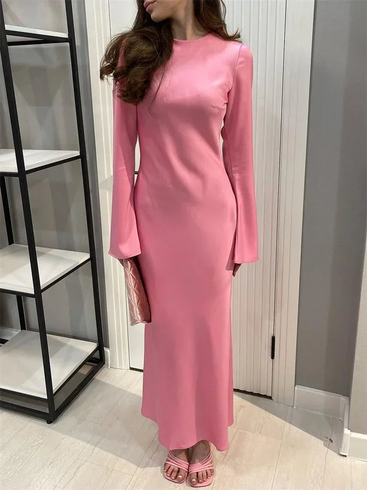 Tossy Satin Fashion Slim Maxi Dress For Women Long Sleeve High Waist
