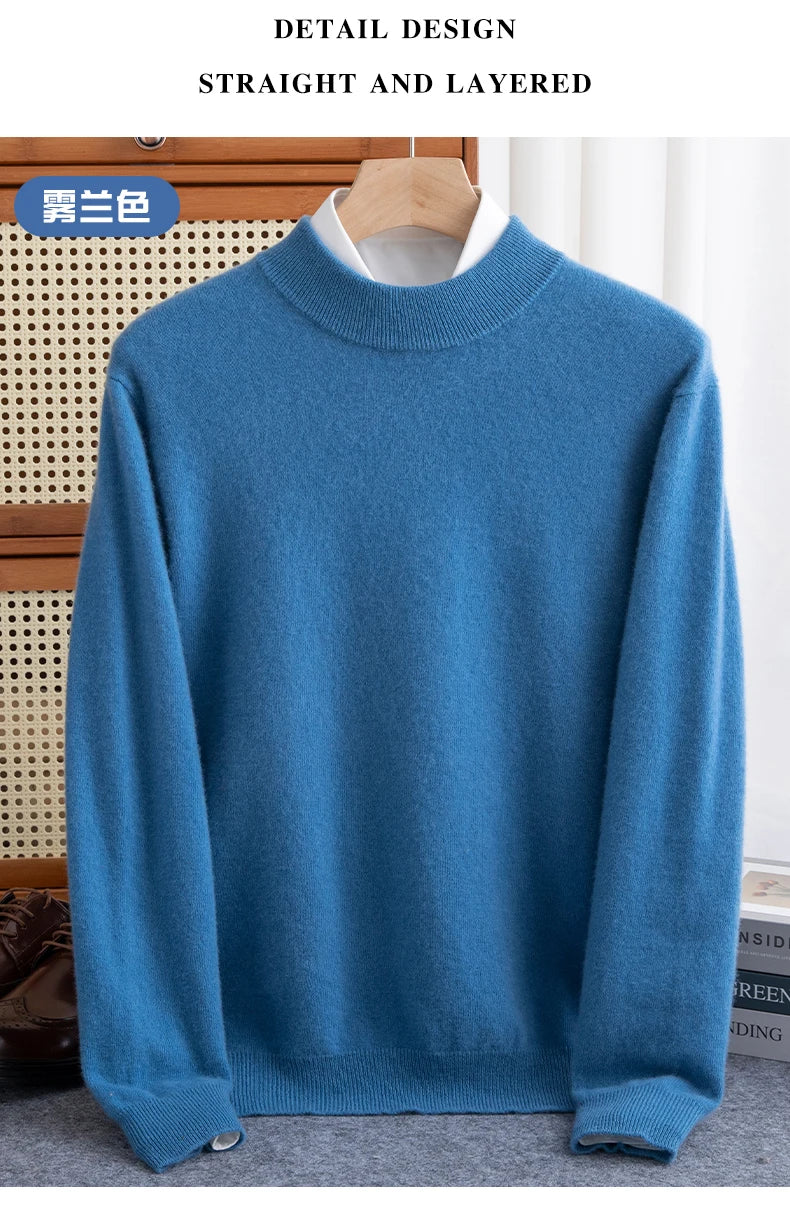Fashion Men's 100% Wool Pullover Half-high Collar Sweater Autumn Winter Warm Top
