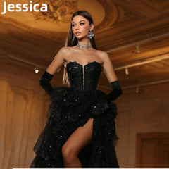 Black Lace Embroidery Prom Dresses Glitter Tulle Layering Prom Dress