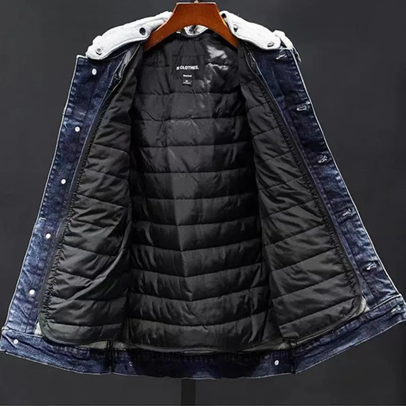 Plush Denim Hooded Jackets Fashion Winter Casual Removable Thicken Hole Loosed Jeans