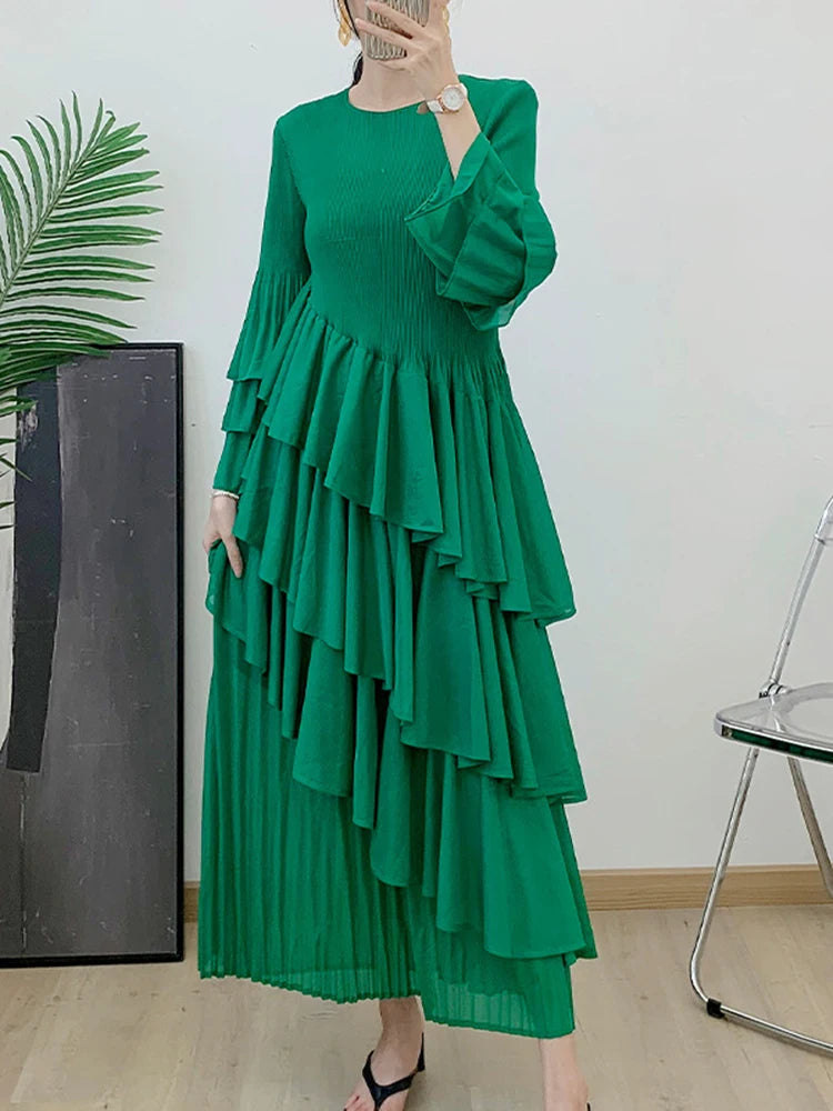 GVUW Pleated Women Dress Women Full Flare Sleeve A Line Spliced Ruffles Round Collar Evening Party Elegant Lady Clothing 17G4475