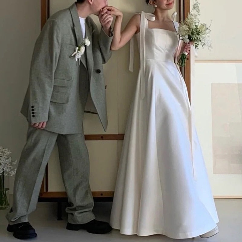 White Bridesmaid Dresses: Wedding Dress Square Collar Floor-length A-line Satin