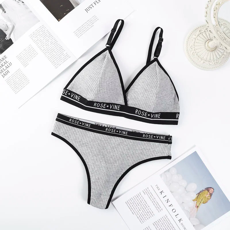 Women Cotton Bra Low Waist Panties Lingerie Set Letter Print Push Up Bras