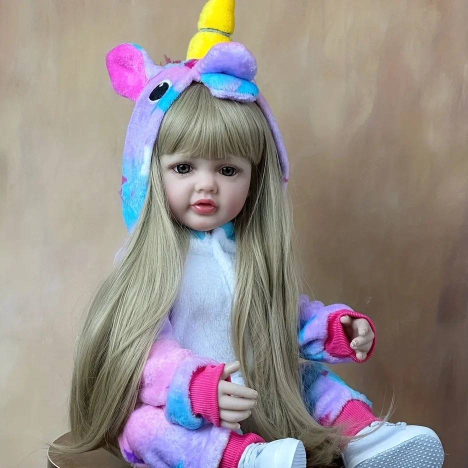 BZDOLL 55cm 22inch Lifelike Reborn Baby Girl Doll Soft Silicone Long Brown Hair Realistic Princess Toddler Bebe Birthday Gift