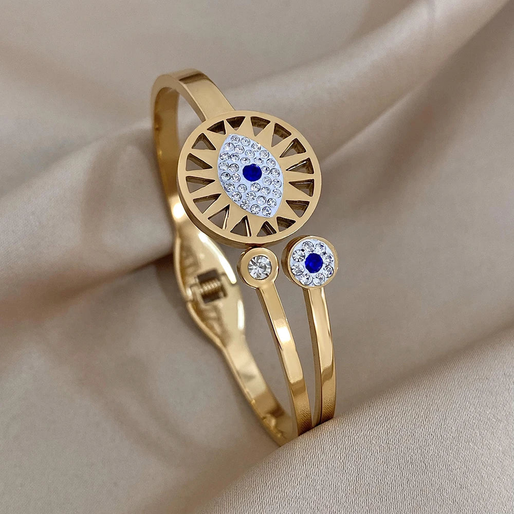 Evil Eye Bracelet Exquisite Stainless Steel Hollow Evil Eye Decorative Charm Bracelet Bangles with Rhinestones