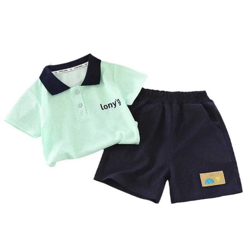 ‌Boys' 2025 New Summer Polo Shirt & Shorts 2-Piece Set Trendy Sporty Waffle Knit Outfit Cool Casual Toddler Kids Clothing