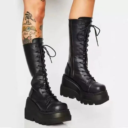 Winter Boots Women Platform Shoes Booties Rain Combat Military Short Leather Black