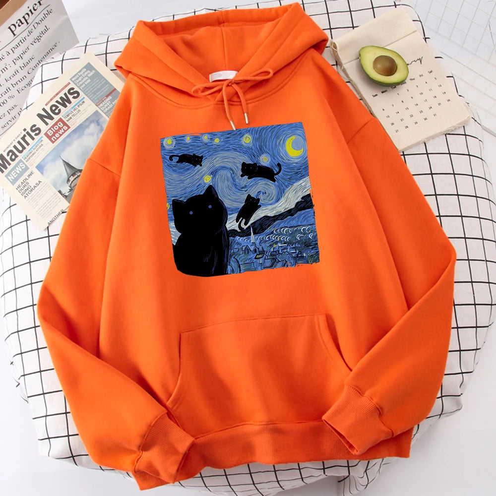 The Starry Cat Night Printing Hoodies Men Autumn Oversize Hoodie Fashion Fleece