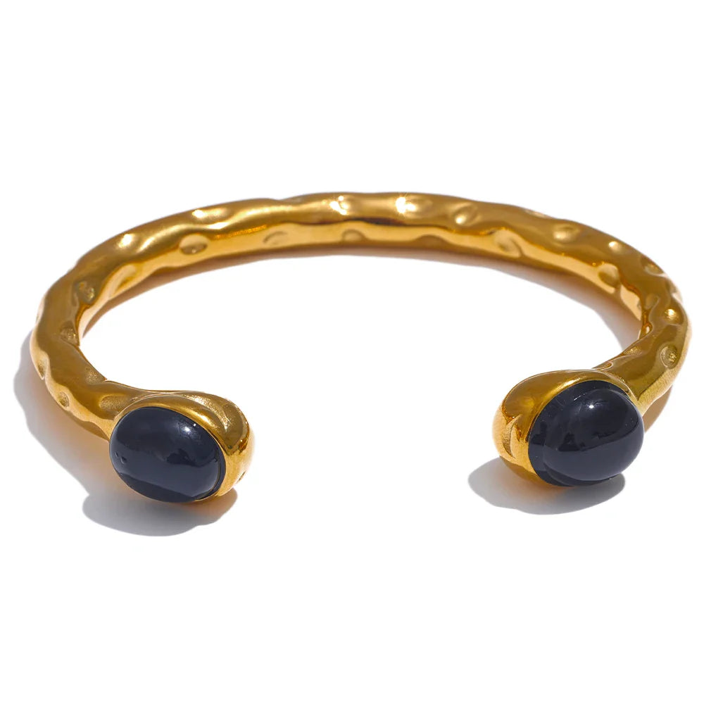 Yhpup 62mm High Quality Stainless Steel Multicolored Natural Stone Golden Cuff Open Bracelet Bangle Water Resistant Jewelry