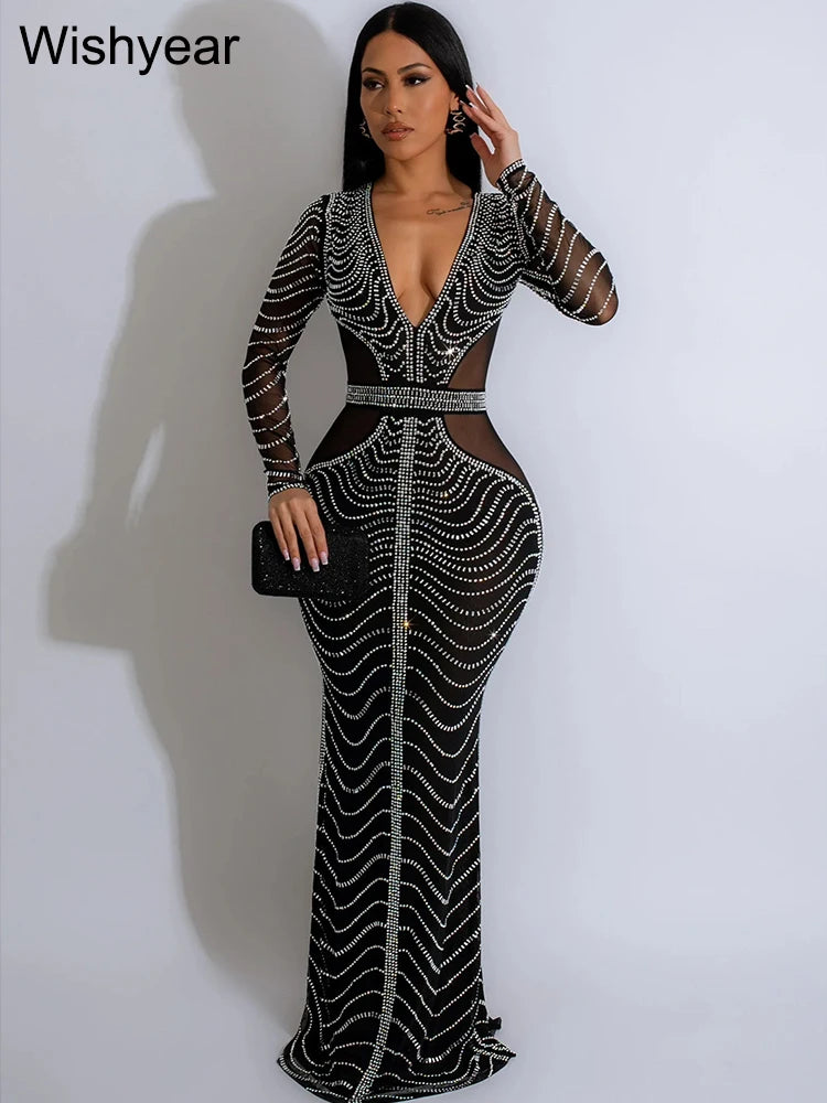 Evening Dresses: Luxury Formal Occasion Diamonds Rhinestones Deep V-neck