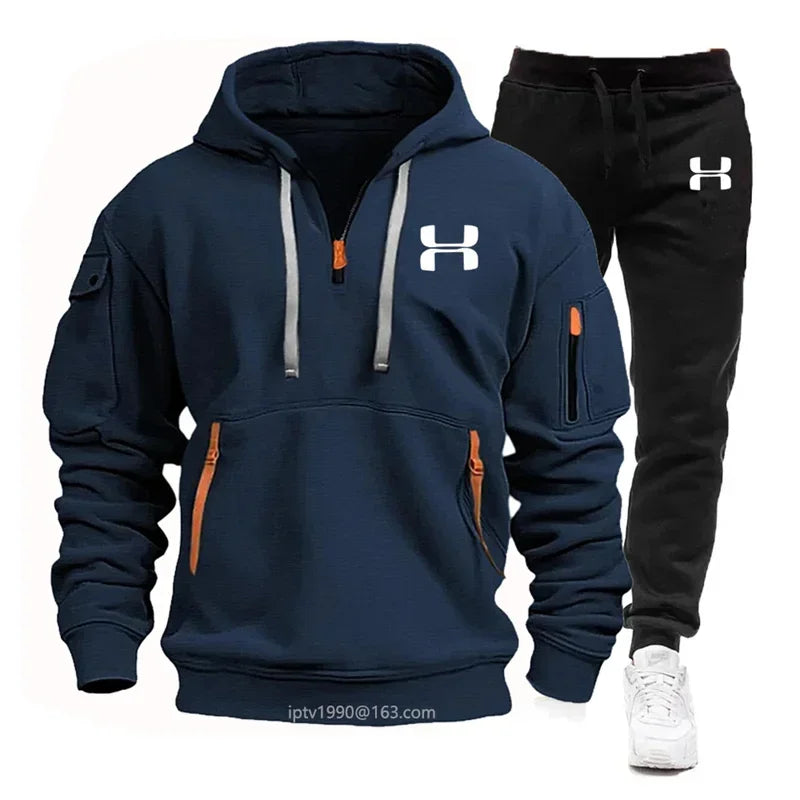 Men's autumn and winter new zipper long sleeved hooded sweatshirt, sports and casual pants, two-piece fitness jogging suit