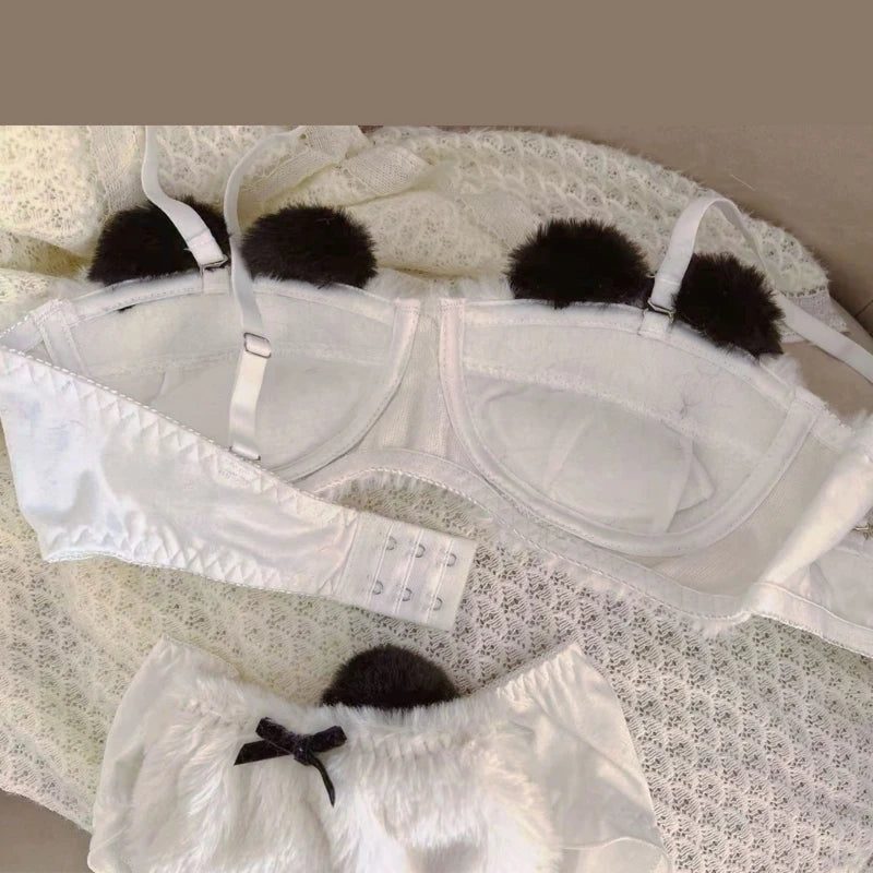 Womens Anime Cartoon Panda Plush Bra and Panty Set without Underwire Furry