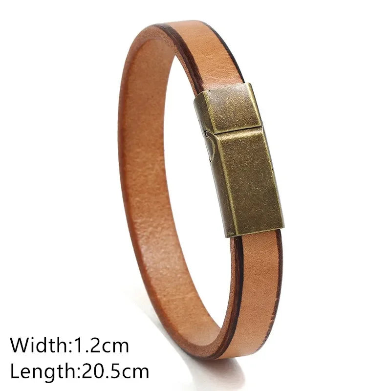 New Men Jewelry Punk Brown Braided Leather Bracelet for Men Stainless Steel Magnetic Clasp Fashion 20.5cm Bangles Gifts
