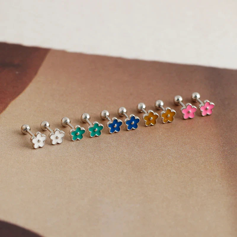 WANTME 925 Sterling Silver Romantic White Enamel Flower Screw Bead Stud Earrings for Women Fashion Simple Piercing Jewelry Gift