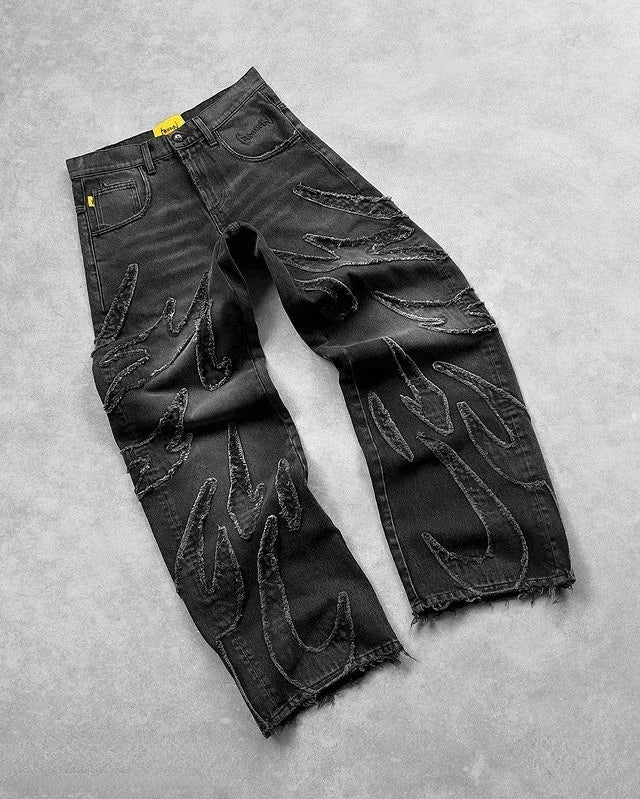 Streetwear retro hip-hop flame embroidery loose high-waisted jeans female Y2K
