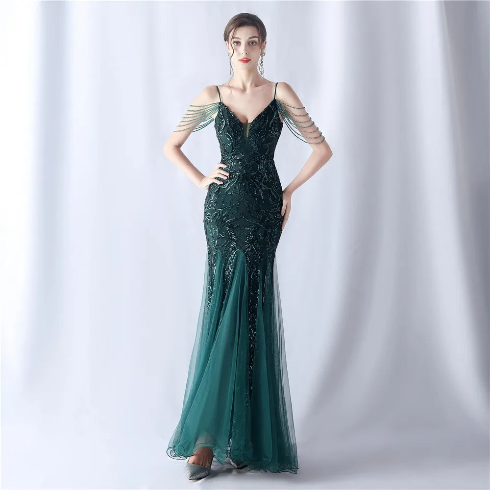 Homecoming Dresses: Women's Mermaid V Neck Sequin Party Maxi Dress