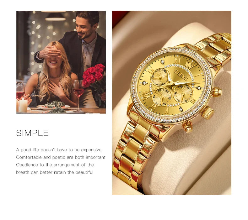 OLEVS Women's Watches Top Brand Luxury Original Quartz Watch for Ladies Chronograph Waterproof Luminous Rhinestone Dial 24 Hour
