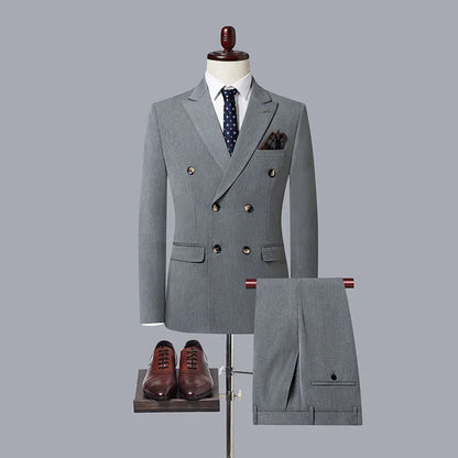 2023 Fashion New Men's Casual Boutique Double Breasted Solid Color Business Suit Jacket Trousers Pants 2 Pcs Set Blazers Coat