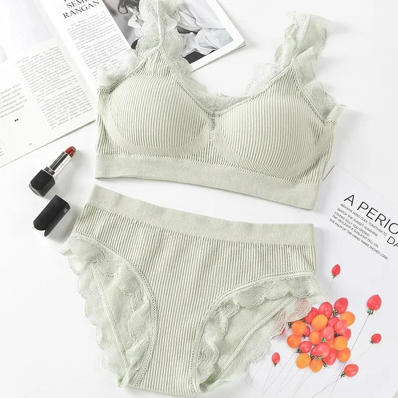 Lace Underwear Set Padded Bra Set Without Steel Ring Solid Women's