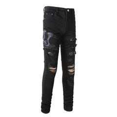 Men Snake Embroidery Jeans Skinny Tapered Stretch Denim Pants Streetwear