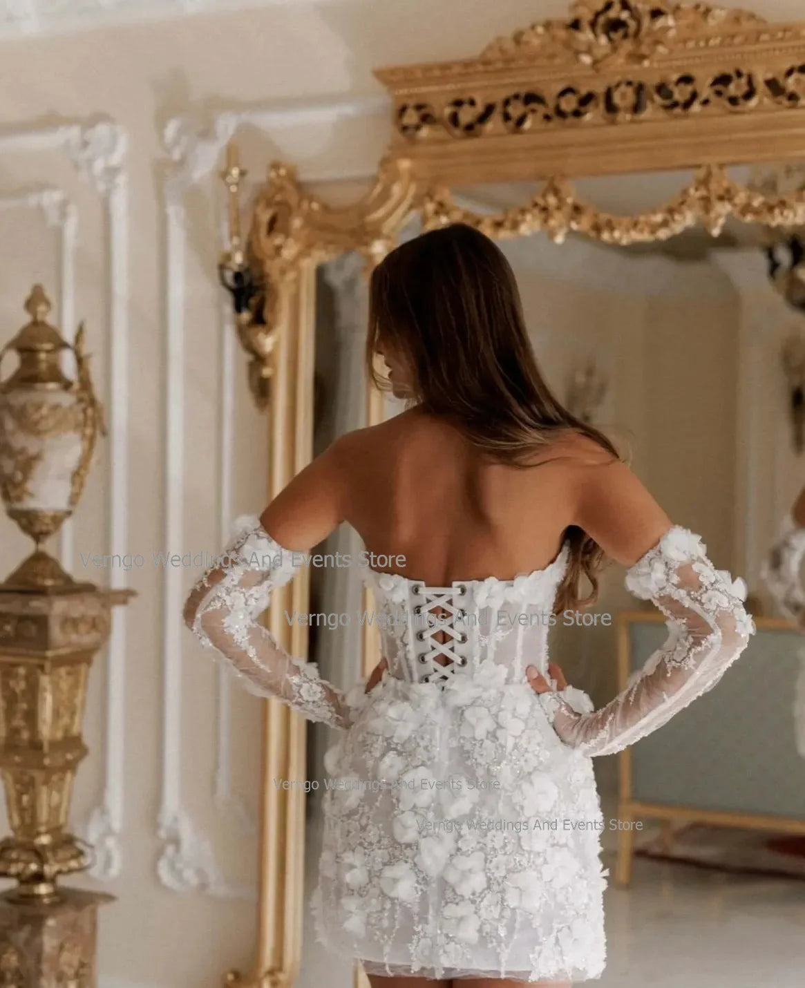 White Bridesmaid Dresses: Bridal Gown Detachable Sleeves Women 3D Flowers