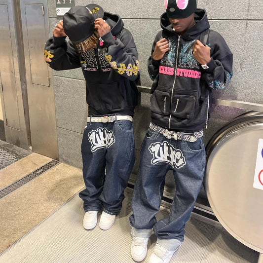 Y2K men Jeans streetwear  Printed Letter Black Vintage Pants
