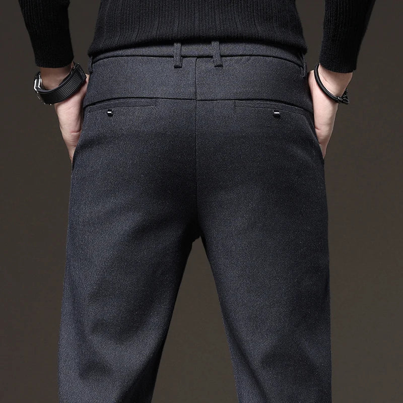 Cotton Long Pants Men Thick Suit Elastic Waist Slim Business Casual