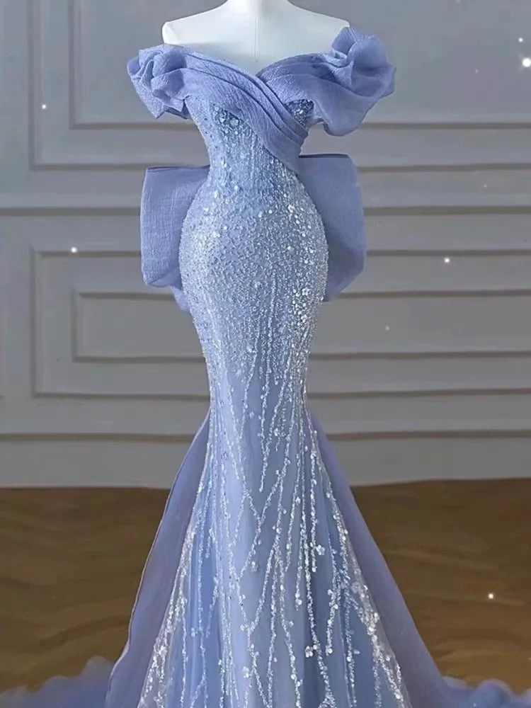Homecoming Dresses: Evening Dresses Blue Bowknot Sweep Train Bodycon