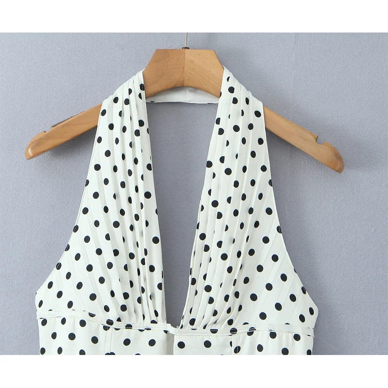 YENKYE French Style Retro Polka Dot Deep V Halter Dress Women Sexy Backless A-line Slim Sweet Elegant Mini Dresses Summer Robe