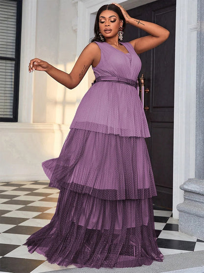 TOLEEN Women Plus Size Maxi Dresses Purple Elegant Long Dress Summer Mesh Patchwork V-neck Strap V-neck Layered Bridesmaid Dress