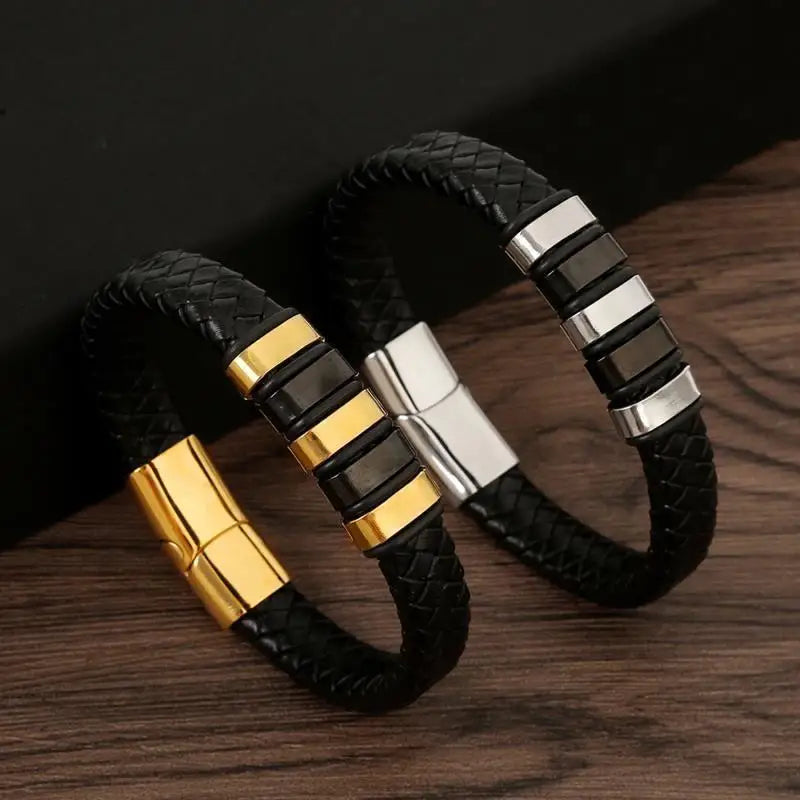 Punk Men Leather Bracelet with Stainless Steel Magnetic Clasp Braided Mutilayer Leather Wrapping Bangles Man Jewelry Gift