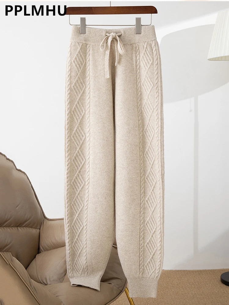 Winter Soft Knitted Sweatpants Women's Casual High Waist Harem Ankle-length Pants