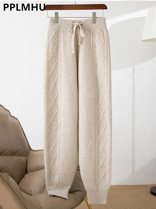 Winter Soft Knitted Sweatpants Women's Casual High Waist Harem Ankle-length Pants