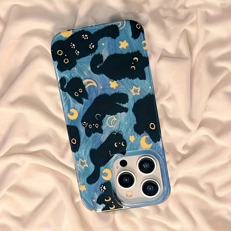 Phone Case For iPhone 17 Pro Max 16E 16 15 14 13 12 11 XS X XR 7 8 Plus SE2 Air Moon Stars And Black Cats Design Silicone Cover