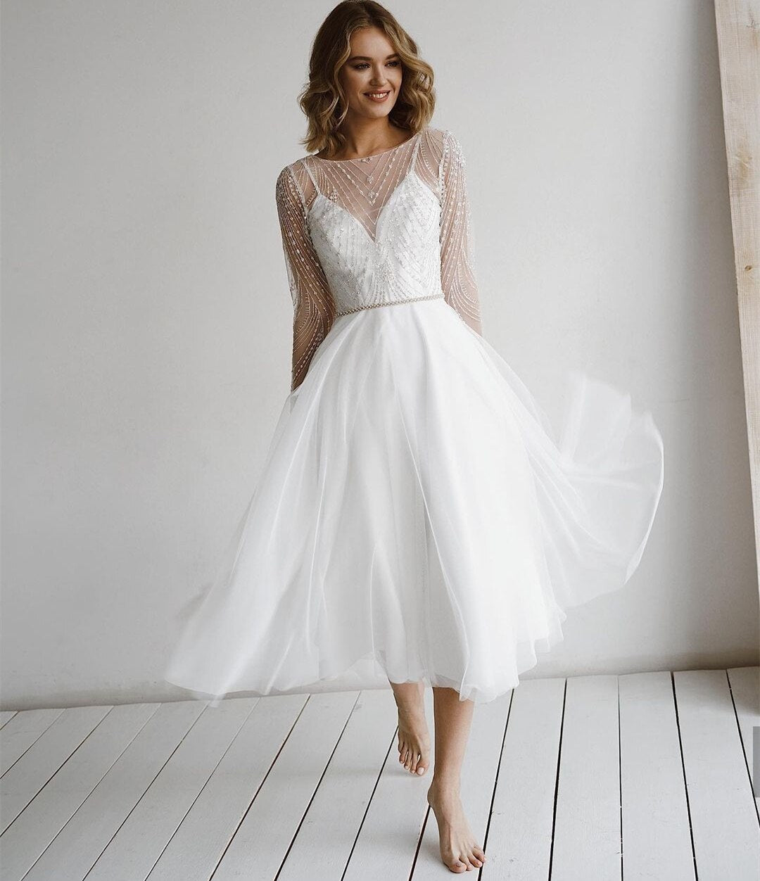 White Bridesmaid Dresses: Wedding Dress Long Sleeves Beading Sashes Backless