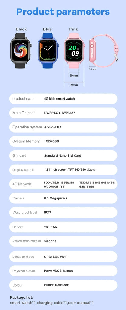 4G Smart Watch Kids GPS WIFI Video Call SOS APP Download Child Smartwatch Camera Monitor Tracker Location Phone Watch