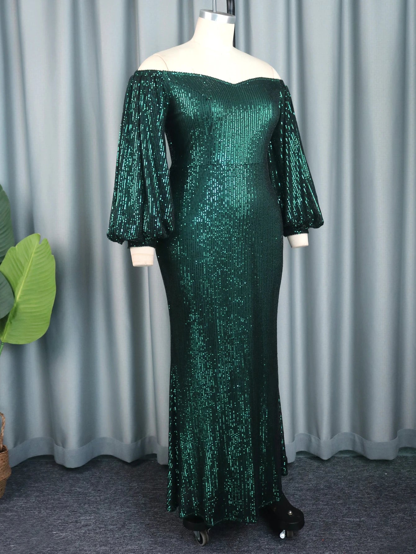 Green Sheath Dresses for Women Plus Size Cold Shoulder Lantern Sleeve High Waist Sequins Evening Wedding Party Outfits 4XL 2023