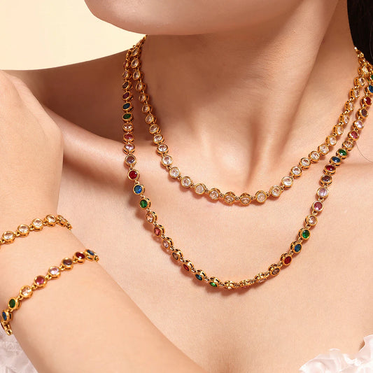 Multi Colors Stainless Steel Necklace Bracelet for Women Men Tennis Chain Stones