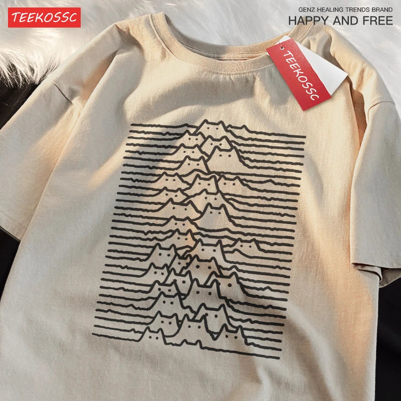 Cat Group Mountain Cartoon Cotton Trendy Summer Travel Mountain And River Cat Line Short Sleeve T-shirt Men Women Trendy Brand