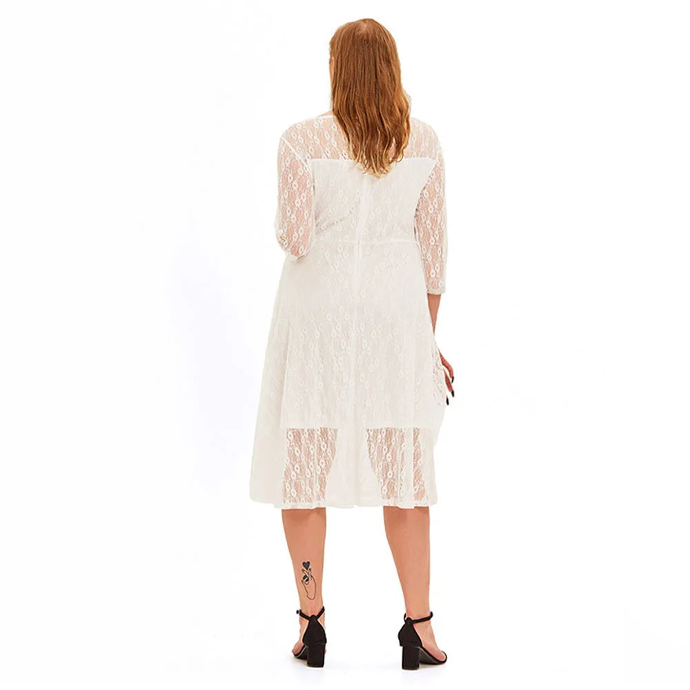 White Plus Size Dresses For Women 2023 Elegant Formal Lace Half Sleeve Midi Sexy Dress For Wedding Casual Loose Evening Dresses