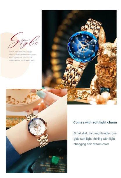 SENO Ocean Star Women Crystal Watch 2025 Top Brand Luxury Rose Gold Women Bracelet Watch For Ladies Wrist Watch Relogio Feminino