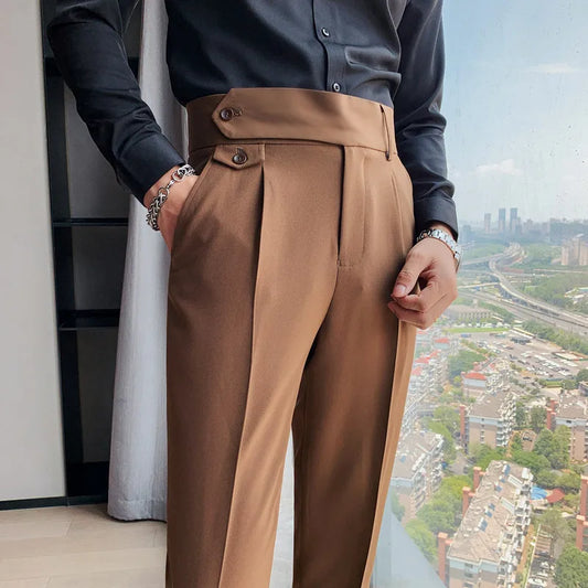 Solid High Waist Trousers Men Formal Pants Slim Fit Business Casual Suit Pants Hommes