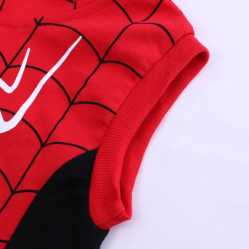 3pcs Cartoon Print Spiderman Cosplay Costume Autumn Kids Boys Sleeveless Hooded Vest +T Shirt+Pant Tracksuit Children Outfits